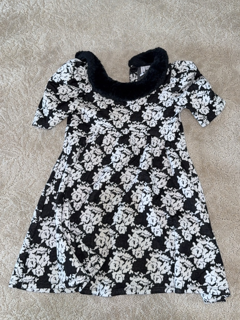 Janie and Jack Black and White Floral Dress with Faux Fur Collar